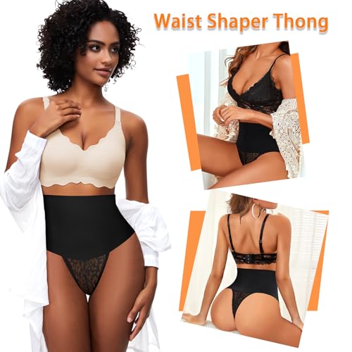 Image of Werena Tummy Control Thong Shapewear for Women Mid High Waisted Body Shaper Underwear Lace Shaping Thong Girdle Panties(#A1 Black 2 Pack,Small)