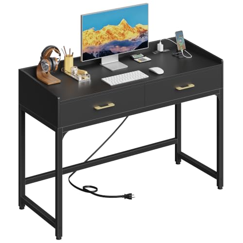 Image of HIGDBFE Small Desk with 2 Drawers & Charging Station, 39.4 inch, Black