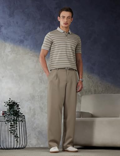 Image of Peter England Men's Cotton-Polyester Blend Striped Polo T-Shirt | Casual Wear | Durable & Trendy