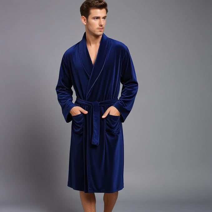 Men’s Velvet Robe – Soft Long Dressing Gown with Belted Tie and Pockets, Elegant Lounge Wear for Home & Evening Relaxation2
