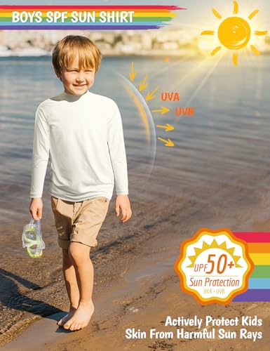 Boys Rash Guard Long Sleeve Sun Protection UPF50+ T Shirts Rashguard Swim Fishing Surf ShirtsQuick Dry Cool Beach Sun Shirt for Toddler Kids White 2T2