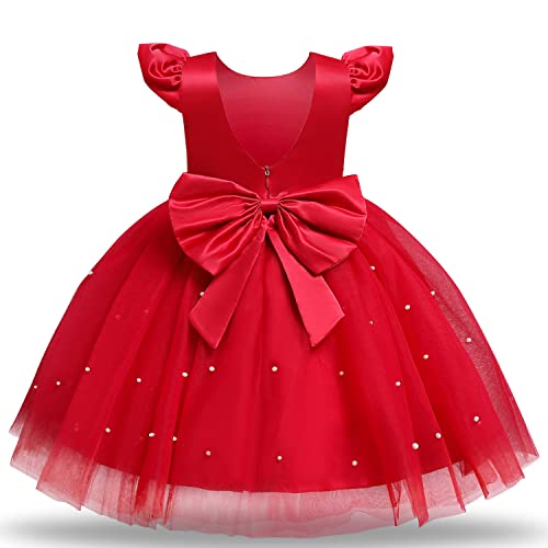 NNJXD Bébé Fille Robe Tutu Robes De Fleurs Nœud Papillon Perles Mariage Robe Taille (110) 3-4 Ans 767 Rouge-A Cover