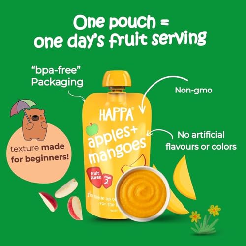 Image of Happa Organic Baby Food Apple and Mango Puree | 100% Fruits | No Added Sugar, No Milk Powder, No Preservatives | Stage 2 (6 Months+) | Ready to Eat | Free from Common Allergens | Pack of 9 (100g Each)