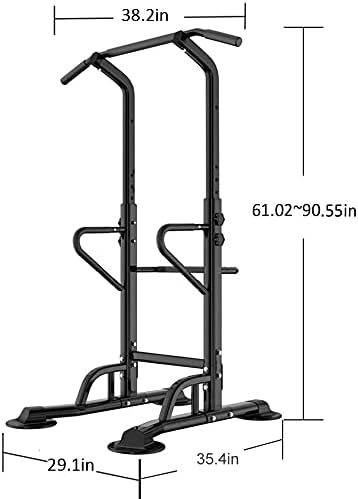 Diagram showing the dimensions of the power tower: 38.2 inches wide at the top, 61.02 to 90.55 inches adjustable height, 29.1 inches deep at the base, and 35.4 inches wide at the base.