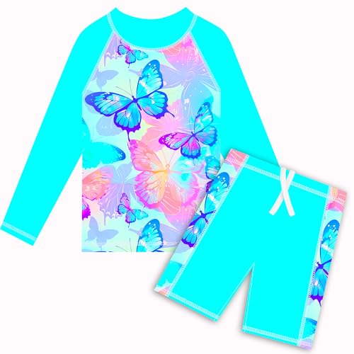 Image of TFJH E Girls Long Sleeve Two Piece Rash Guard Set UPF 50+ 3-13 Y | Stretchy & quick-dry fabric, breathable & lightweight, UPF 50+ sun protection, ideal for pool beach vacation