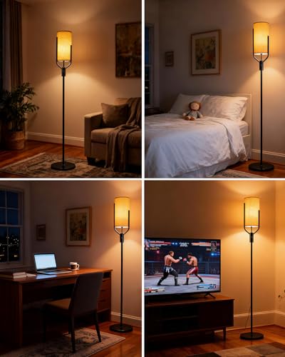 Image of 64.6IN Gold Floor Lamp - Dimmable LED Floor Lamp with Linen Shade, 3000K Soft Warm White | Bulbs Included | Modern Tall Lamp for Living Room, Bedroom, Wedding & Party