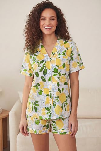 Image of LUBOT 100% Cotton Pajamas for Women 2 Piece PJ Set Poplin Woven Lightweight Ladies Button Short Sleeve Sleepwear S-XXL