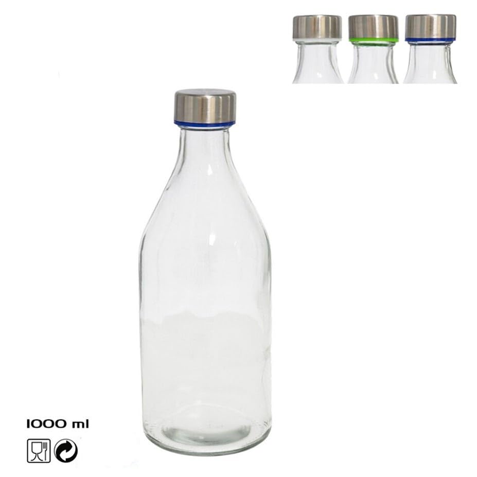 Lot De 2 Bouteilles En Verre Avec Anse 1000ml - Carafe Distributrice Eau Froide Chaude, Couvercle Vissable Plastique Métal
