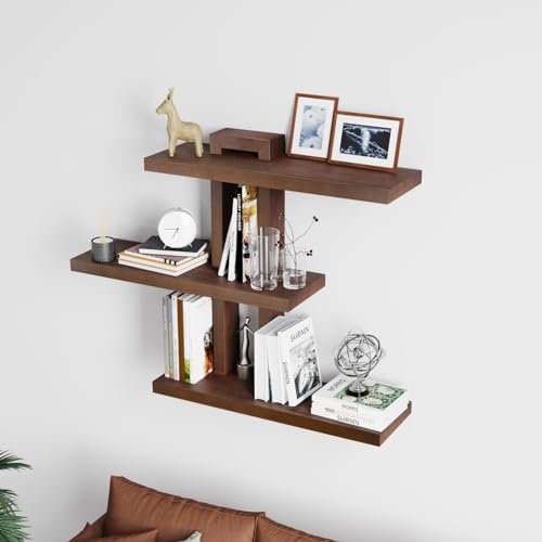 Image of yaqew Variable Wood Floating Shelves Set of 3, Wall Cube Shelves 28.35 inch Max, Wall Shelves for Living Room Bathroom Bedroom - Light Walnut Color - 28.35 inch x 23 inch x 5.9 inch Max