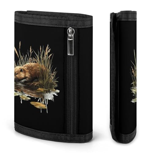 Beaver Reflection in Water Trifold Wallets for Men Women Ultra Thin Card Holder Purse with Zip Coin Pocket3