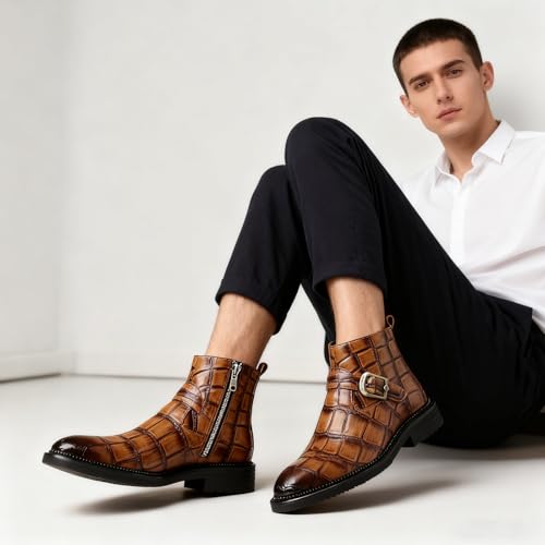Image of Chelsea Boots for Men's Leather Print Monk Buckle Slip On Dress Boots with Side Zipper Fashion Pointed Toe Buckle Strap Classic Business Chukka Boots for Casual Work Party Oxford Booties