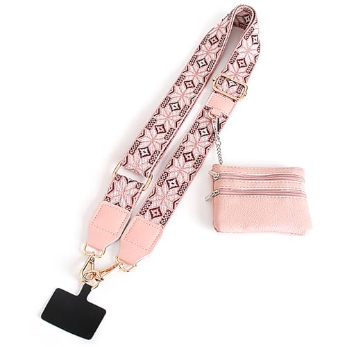Image of crazyliandlin Phone Strap with Zippered Pouch, Clip and Go Strap for Phone with Wallet Crossbody, Phone Strap Crossbody (new pattern-Pink（1pcs-B）), 29inch