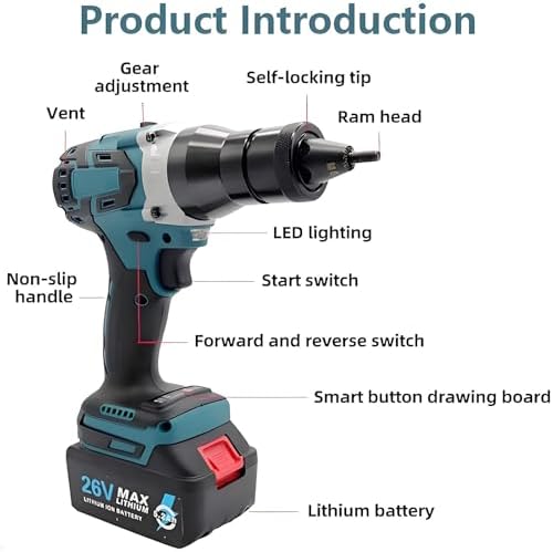Heavy Duty Cordless Electric Rivet Gun - Automatic Riveting Tool for M3-M12 Rivets, 5.2Ah Battery Included, Efficient Electric Rivet Nut Gun for DIY and Professional Use