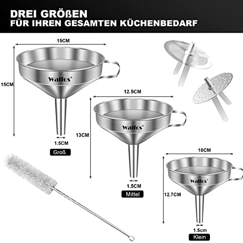 Walfos Stainless Steel Funnel Kitchen Set 3 Pack Funnels with 2 Removable Strainer Filters for Transferring Liquid, Cooking Oils, Jam, and 1 Cleaning Brush, 14.4/12.7/10.4 cm