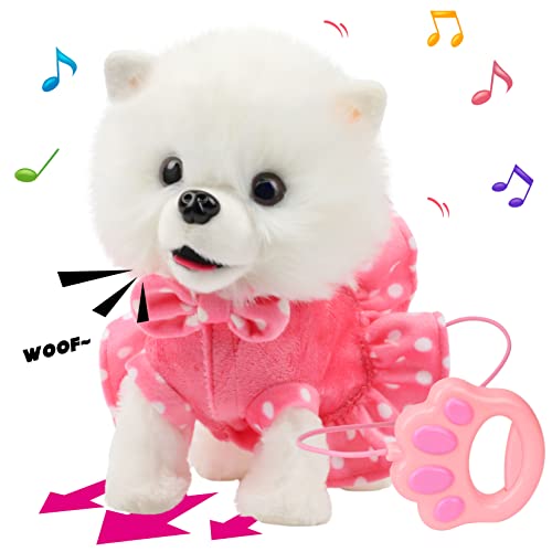Hopearl Walking Pomeranian Interactive Electronic Pet Dog Toy Remote Control Leash Animated Puppy Nodding Barking Wagging Tail Gifts for Toddlers Birthday, White, 10''