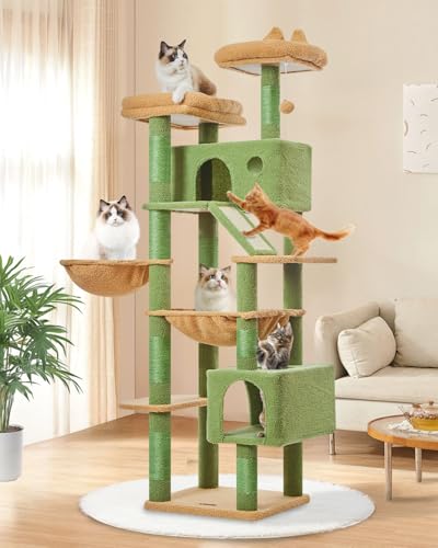 Taoqimiao Cactus Cat Tree, 71-Inch Cat Tower for Indoor Cats Large Adult, Multi-Level Large Cat Condo, 8 Sisal Scratching Posts, Metal Frame Cozy Hammock, Scratch Board, 2 Top Perches, MSC026L