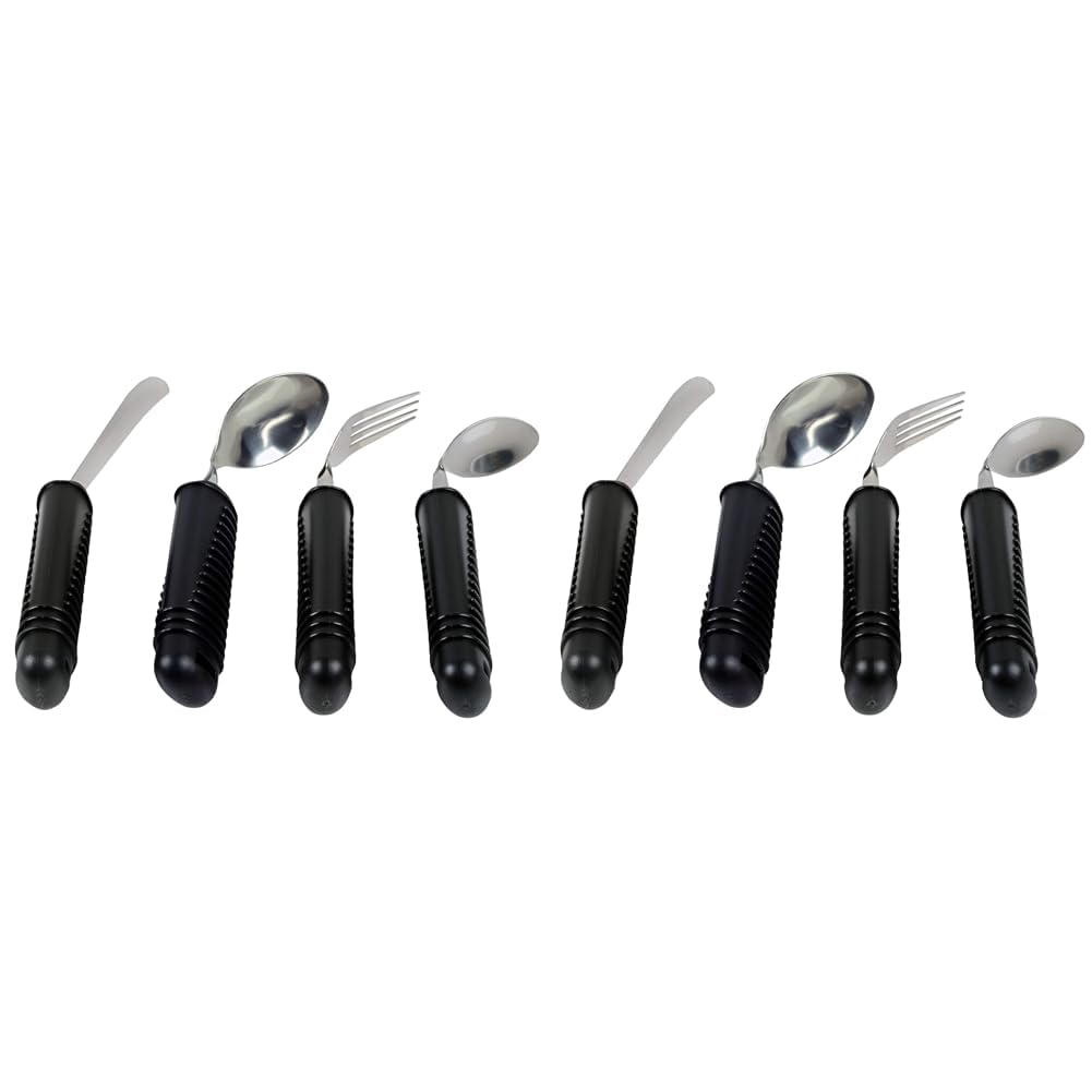 Gima - 4-teiliges Besteckset mit Greifhilfe, formbar, ideal für Senioren oder Behinderte; Gabel, Messer, Löffel und Teelöffel; breiter, rutschfester Kunststoff-Griff (Packung mit 2)