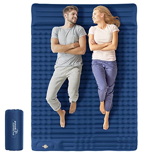 Relefree Double Camping Mat for 2 Person Sleeping Mat with Pillow Thicken Widen Sleeping Pad, Portable Self Inflating Camping Mat for Outdoor Backpacking Hiking Travel - Navy Blue 200 * 140 * 10cm