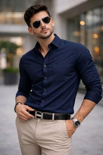 Image of Nexora Men's Slim Fit Formal Shirt, Cotton, Full Sleeve, Spread Collar, Breathable, Office