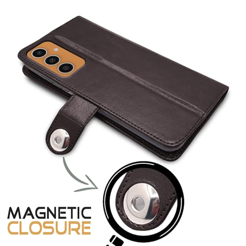 Image of Pikkme Samsung Galaxy S23 FE 5G Flip Cover Leather Finish | Wallet Stand and Shock Proof | Inside TPU with Card Pockets | Complete Protection Button Flip Case (Coffee)