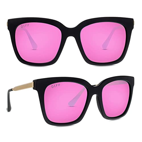DIFF Bella Designer Square Oversized Sunglasses for Women UV400 Polarized Protection, Trendy classic summer mirrored lens, Matte Black + Pink Mirror