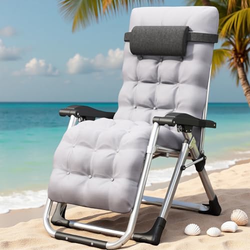 BSESEL Folding Outdoor Zero Gravity Chair Reclining Patio Lawn Chairs with Soft Cushion & Cup Holder Garden Beach Deck Sun Lounger Recliner Chair for Camping Holidays (1PC Grey Chair)
