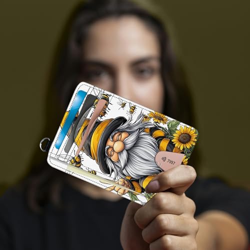Image of Small Travel Wallets, Bee Dwarf Sunflower Slim Minimalist Front Pocket Wallet with Wristlet, RFID Blocking PU Leather Credit Card Holder with ID Window Change Purse for Men Women