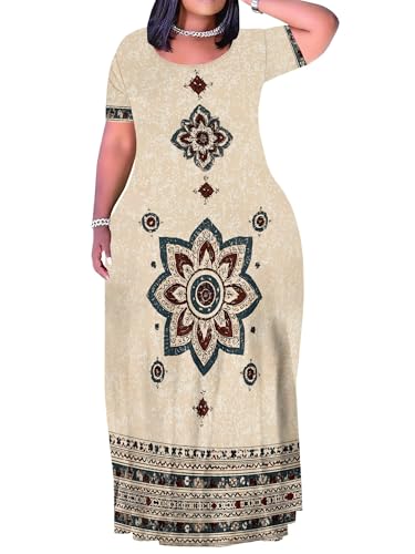 Image of PinkPatty Plus Size Maxi Dress for Curvy Women Crew Neck Long Sleeves Casual Dress Vacation Sundresses with Pockets