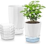6 Emballage Pots d'auto-arrosage à l'intérieur, 5 Pots de plantes inch, pot de fleurs en plastique blanc, pot d'eau libre pot de fleur en plastique avec trous de drainage et réservoir amovible (12.5CM)