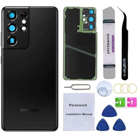 Perzework Rear Back Glass Replacement for Samsung Galaxy S21 Ultra 5G with Pre-Installed Adhesive and Repair Tool Kits (Phantom Black) Cover