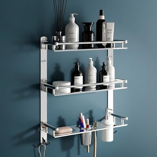 Image of GLOXY Premium Chrome Finish Bathroom Stainless Steel Organizer with Soap Holder, Liquid Soap Dispenser and Toothbrush Holder - 6 in 1 Bathroom Rack Shelf for Home, Office, Hotels & Restaurants