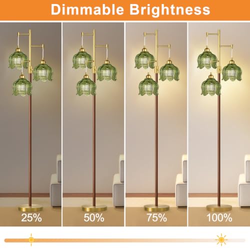 Image of ZECOXOL Wood Floor Lamps for Living Room Bedroom-Rustic Glass Floor Lamp with Three Led Bulb, Modern Mid Century Standing Lamp Brass Vintage Tall Lamp Gold Tree Floor Lamp for Bedroom Corner