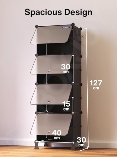Image of BOXJOY 8 Shelf Shoe Rack with 4 Transparent Doors, 5 Hook Steel Holder & Wooden Hammer, Home Storage PP Plastic Organizer with Metal Door Frame to Cover Chappal Slipper Sandals Shoes Box Stand (Black)