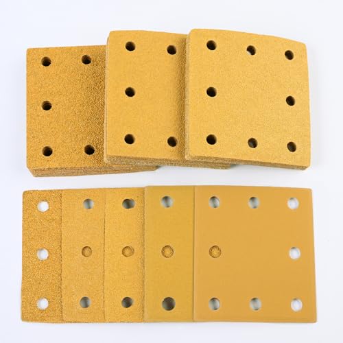 Sruhrak Upgraded 110x115mm Sanding Sheets Set, 8 Hole Hook and Loop Sanding Pads for 1/4 Sheet Palm Sander, Grits 40/60/80/120/240 Sandpaper for Wood Metal Surface Preparation