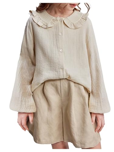 OYOANGLE Girl's Ruffle Doll Collar Shirts Textured Bishop Long Sleeve Button Down Blouse