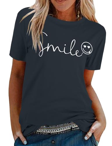 Tuopuda Baumwoll Shirts Damen Sommer Oberteile Rundhals Kurzärmeliges Print Bluse Basic Shirt Bequem Tunika Tee Tops Schlank Hemd für Frühling Sommer Herbst, Marine, L