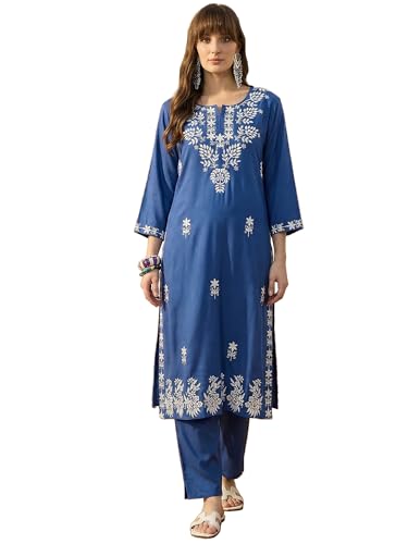 Image of INDO ERA Women's Viscose Rayon Floral Embroidered Straight Calf Length Kurta & Pant Set (IEAI11741)