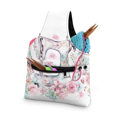 Image of KUIFORTI Yarn Bag Crochet Bag Organizer, Canvas Tote Yarn Storage Knitting Bag for Crocheting, Travel Crochet Bags and Totes, Crochet Accessories, Sewing Machine Flower Design, Small Size