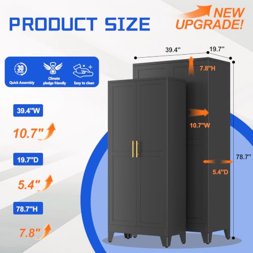 Image of GAIOUS 79 inch Tall New Update Kitchen Pantry Cabinet, Metal Storage Cabinet | with 2 Doors and 5 Adjustable Shelves, Steel Cupboard for Kitchen Dining Bathroom Bedroom, Black, Freestanding, Wider Deeper
