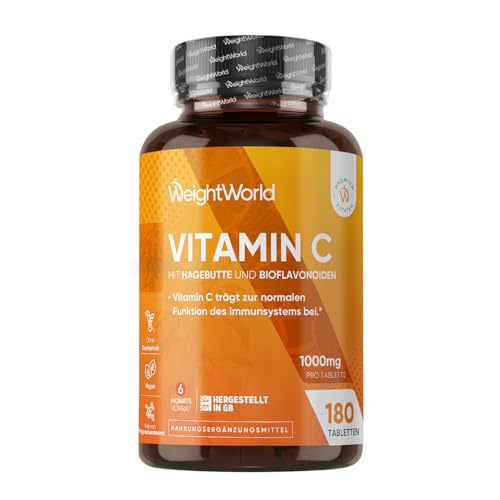 Vitamin C 1000mg pro Tablette - 180 vegane Tabletten für 6 Monate - Vitamin C trägt zu einer normalen Funktion des Immunsystems bei (EFSA) - Vit C mit Bioflavonoiden & Hagebutte - WeightWorld