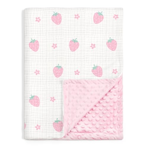 Image of Strawberry Baby Blankets for Girls, Soft Nursery Minky Blankets with Muslin and Dotted Fleece Back 30x40 inches, Receiving Bed Quilt for Newborn, Infants, Toddlers