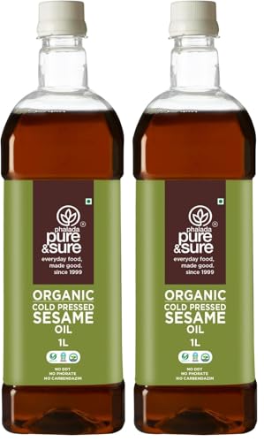 Image of Pure & Sure Organic Cold Pressed Sesame Oil 1Ltr (Til ka Tel) | 100% Natural Kolhu /Kacchi Ghani /Chekku | Pure Cold Pressed Edible Oil | No Additives & Chemical Free (Pack of 2)