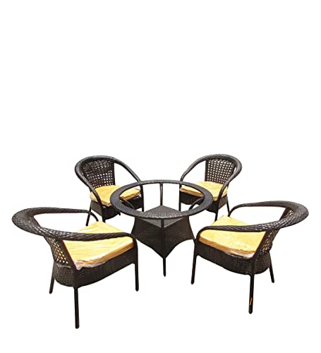 Image of Anaya Decor D-8 Chairs Table Set 4+1 Wicker Patio Furniture Sets 4 Chair and 1 Table with Cushions for Garden Balcony Bedroom Powder Coated Frame Uv Protected Wicker (Brown+Yellow)