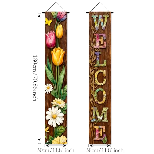 Image of Nuxovilar Welcome Floral Wooden Porch Banners 12x70 Inches Polyester