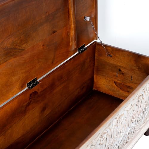 Image of Teba Wooden Trunk Box for Storage | Solid Wood Coffee Table for Living Room | Center Coffee Table with Storage | Front Wooden Carved Sandook Pitara for Home Decor & Bedroom (White Distress)