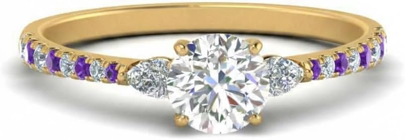 Choose Your Gemstone Pear 3 Stone Cathedral Diamond CZ Ring Yellow Gold Plated Round Shape Petite Engagement Rings Minimal Modern Design Birthday Gift Wedding Gift US Size 4 to 12
