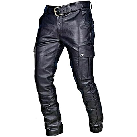 Men's Leather Pants Large Size Multi-Pocket Slim-fit Pu Faux Leather Trousers Fashion Casual Straight-Leg Pants,Black Cover