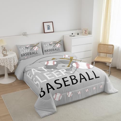 Image of Feelyou Baseball Comforter Set Grey Bedding Queen Size for Kids Women
