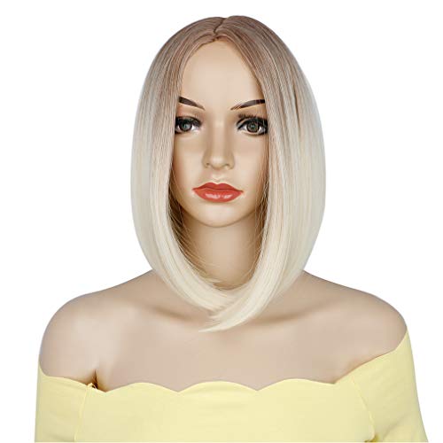 Colorful Bird Ombre Blonde Short Straight Bob Wig Middle Part Heat Resistant Synthetic Short Wig for Women Dark Root to Platinum Blonde #613 14 inches