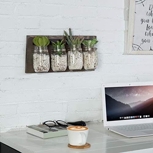 MyGift Vintage Gray Wood Wall Mount Organizer Rack with 3 Mason Jars and Chalkboard Labels
